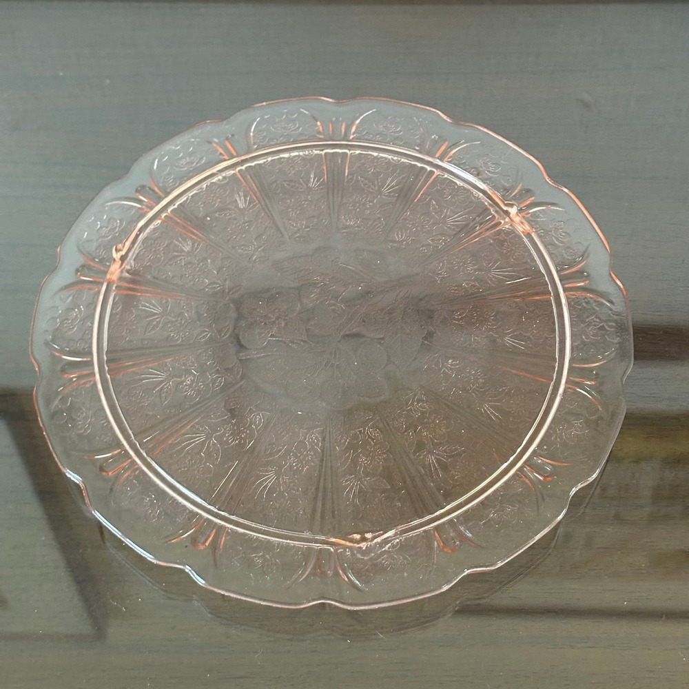 Jeanette Glass Pink Depression Glass Cherry‎ Blossom Scalloped Dinner Plate 10"